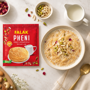 Falak Pheni 200g pack with a bowl of pheni in sweet milk