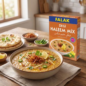 Bowl of haleem garnished with fried onions and ginger, next to Falak Degi Haleem Mix 300g